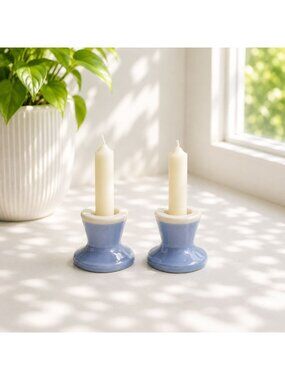 Vintage Blue & White Ceramic Candle Holders Made In Japan 3" Tall Pair
